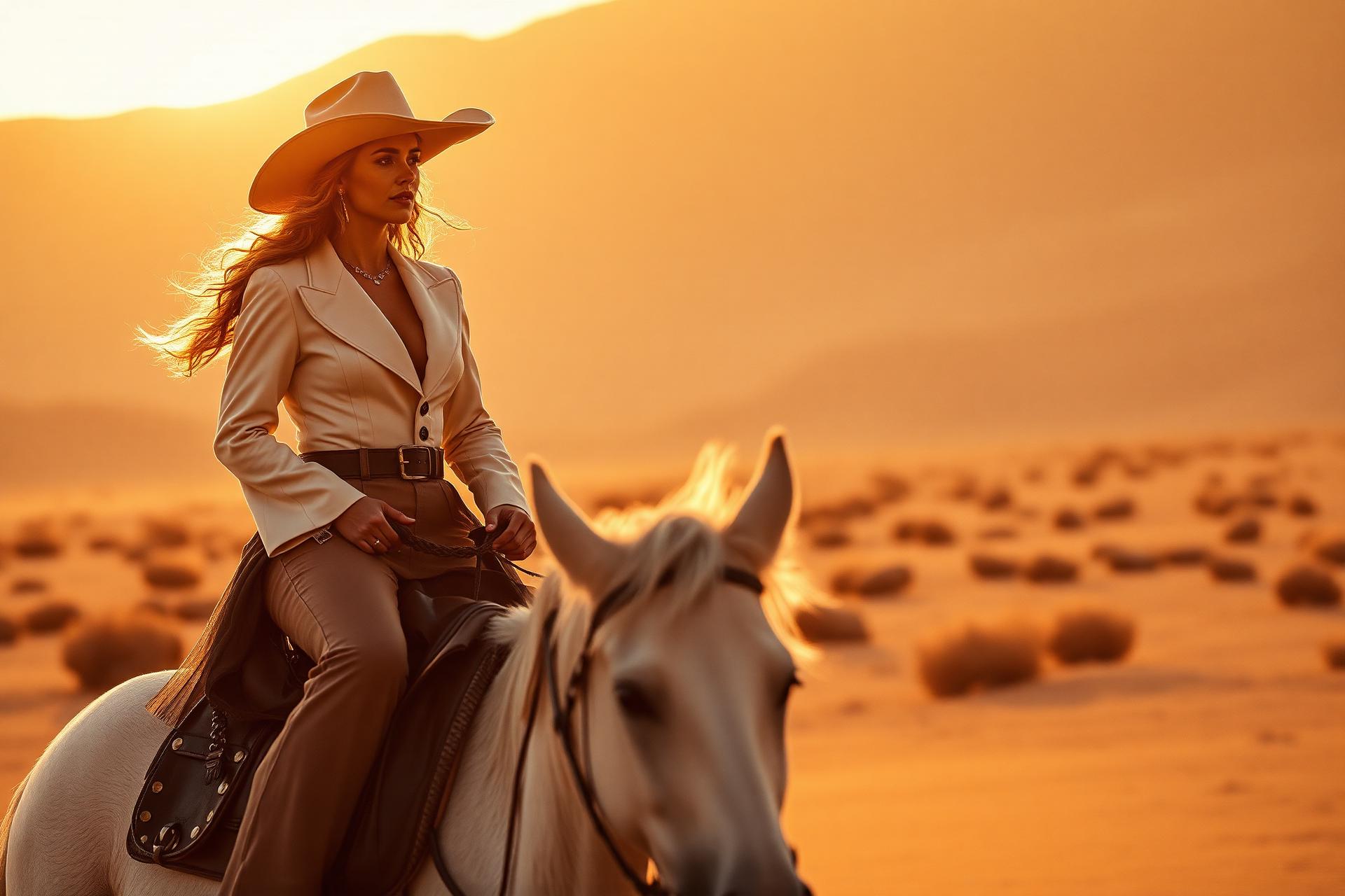 A woman on horseback at golden hour in the Nevada desert